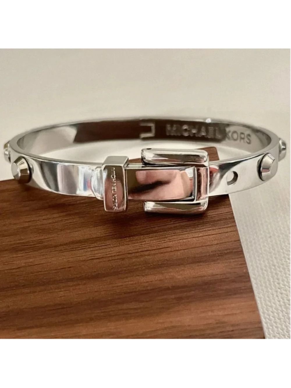 Michael Kors Astor Silver Buckle Bracelet With Studs Hinge Closure 2 adjustments